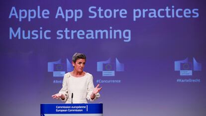 La Comisaria de Competencia de la UE, Margrethe Vestager, en la presentación de un sanción anterior a Apple.