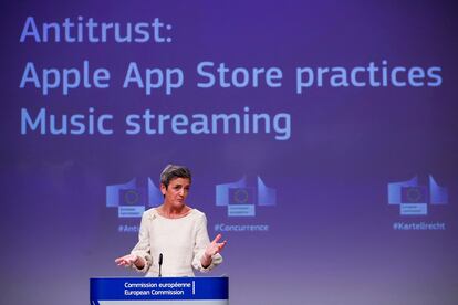 La Comisaria de Competencia de la UE, Margrethe Vestager, en la presentación de un sanción anterior a Apple.