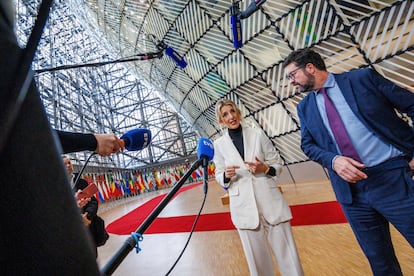 La vicepresidenta segunda y ministra de Trabajo, Yolanda Díaz, este lunes en Bruselas.