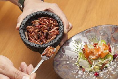 El cocinero de Punto MX completa un plato de chinicuiles con guacamole.