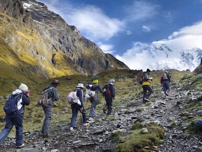 Grupo de senderistas en el Camino del Inca con la montaña Salkantay al fondo.