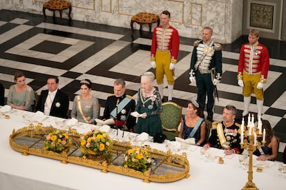 La reina Margarita de Dinamarca, durante su discurso en la cena ofrecida a los Reyes de España en Copenhague.
