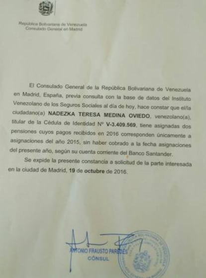 O Consulado de Venezuela em Madri acedeu a certificar que os aposentados não estão recebendo os pagamentos correspondentes a 2016.