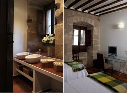 Un cuarto de baño y una de las habitaciones en el hotel La Capellanía, en el pueblo riojano de San Asensio.