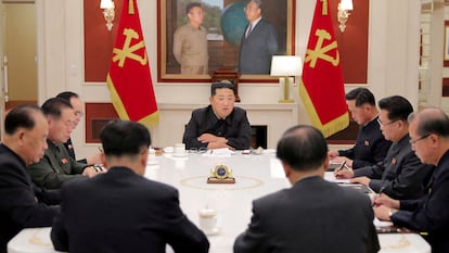 North Korean leader Kim Jong Un presides a meeting