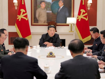 North Korean leader Kim Jong Un presides a meeting