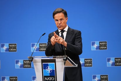 El secretario general de la OTAN, Mark Rutte, durante una rueda de prensa previa a una reunión del Grupo de Contacto de la OTAN en Washington, este miércoles.