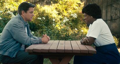 Matt Damon as Sonny Vaccaro, left, and and Viola Davis as Deloris Jordan in a scene from "Air."