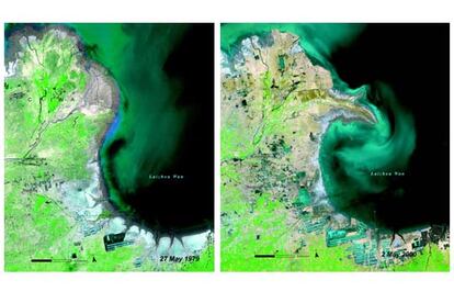 El delta del Río Amarillo, el segundo más largo de China, fotografiado en 1979, cuando apenas  existía, y en 2000.