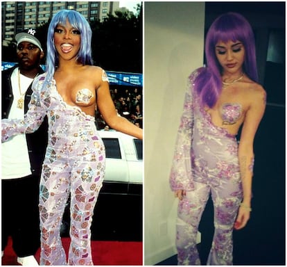 La cantante Lil' Kim acaparó los flashes con su traje lila en los MTV VMA de 1999. Varios años después, en 2013, Miley Cyrus se difrazaba de la artista.