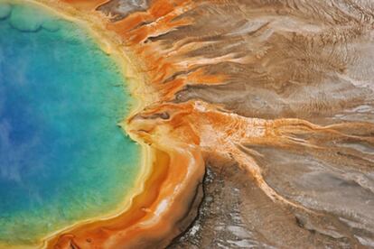 Visitar o Parque Nacional de Yellowstone é entrar em outro mundo. Sua extensão abarca três Estados: Wyoming, Montana e Idaho. Seus bosques e montanhas são morada de uma grande variedade de animais selvagens como ursos pardos, lobos e bisões. A singularidade do local reside na quantidade de geiseres naturais e fontes termais. O cheiro de enxofre do Mammoth Hot Spring, os tons ocres e amarelos das montanhas e as brilhantes cores dos mananciais como o Grand Prismatic Spring te transportam a um local desconhecido. A gama de cores dos mananciais são fruto da ação de microrganismos que vivem em altas temperaturas.