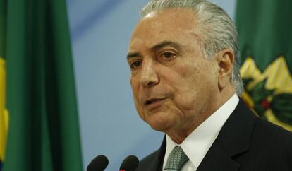 O presidente Temer, durante a leitura do seu pronunciamento no Planalto.