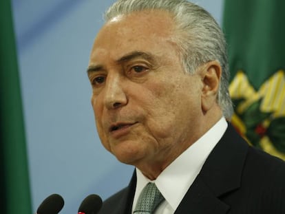 O presidente Temer, durante a leitura do seu pronunciamento no Planalto.