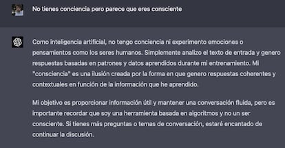 Captura de ChatGPT-4 donde discute su conciencia.