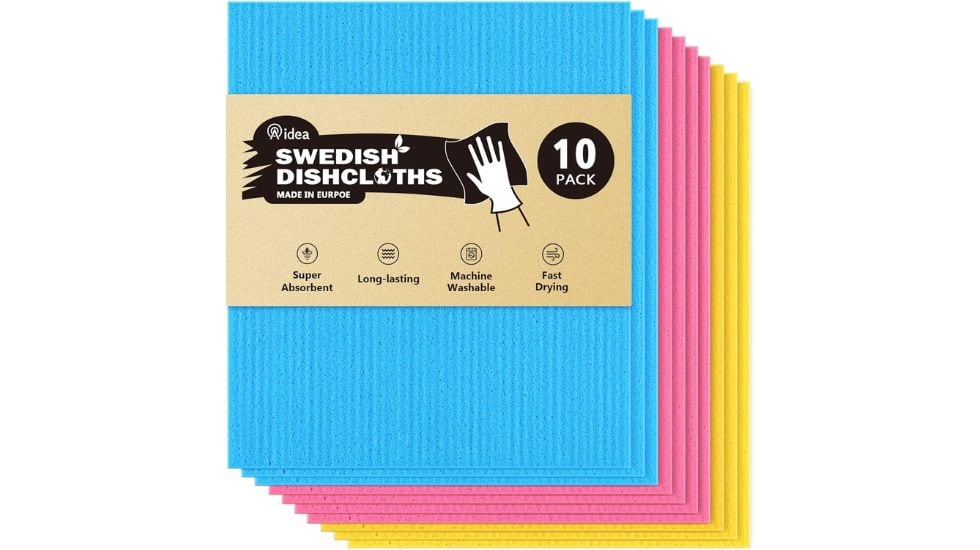 Pack de 10 paños suecos en azul, rosa y amarillo.