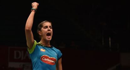 Carolina Marín celebra su victoria ante Wang Shixian.