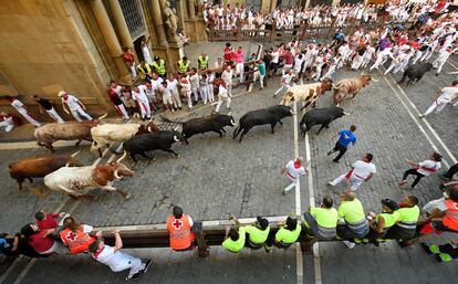 Los toros a su llegada a la plaza del Ayuntamiento de Pamplona durante el séptimo encierro. 