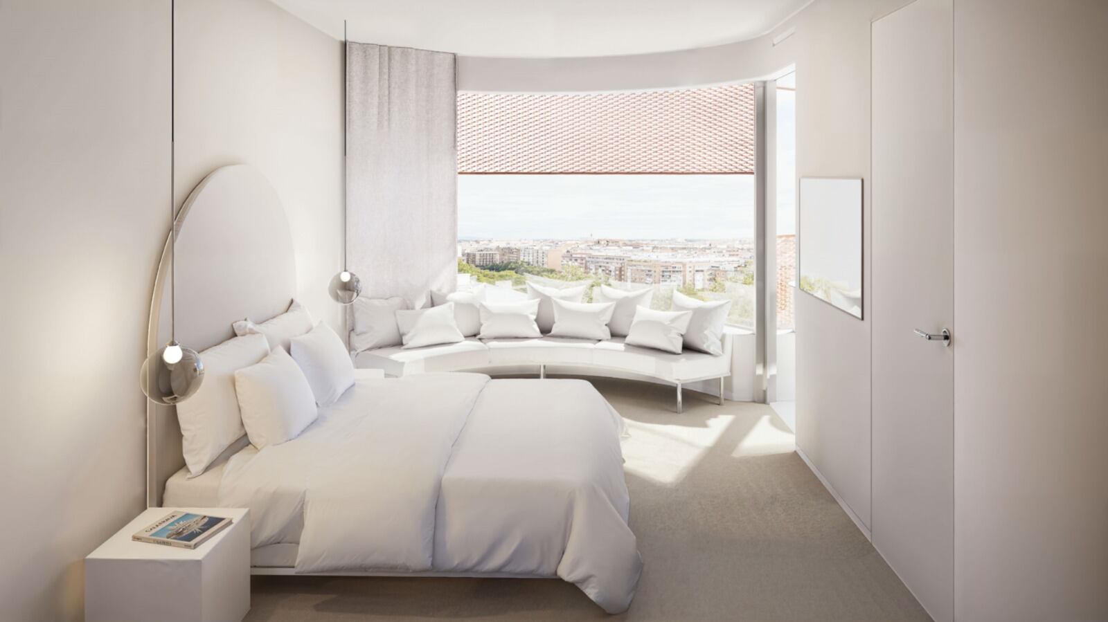 Recreación de una habitación del futuro hotel con una decoración temporal.