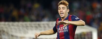 Munir celebra un gol con el Barcelona