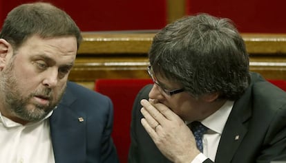 Oriol Junqueras i Carles Puigdemont, aquest dimecres, al Parlament.