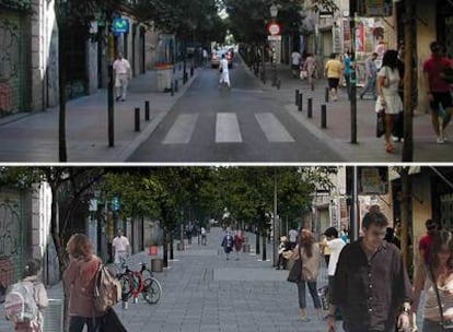En la imagen de arriba, la calle Fuencarral hoy, en la de abajo, fotomontaje de cómo será sin coches el año que viene.