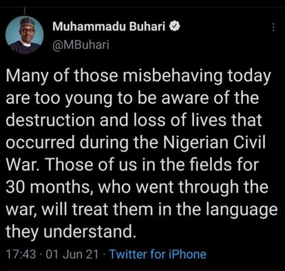 El tuit borrado del presidente de Nigeria, Muhammadu Buhari.