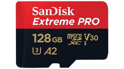 Tarjeta microSDXC Sandisk de 128 GB de capacidad.
