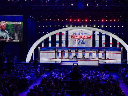 Republican presidential candidates watch Oliver Anthony's video of his song 'Rich Men North of Richmond' at his first debate of the presidential campaign, in Milwaukee, Wisconsin, on August 23, 2023.