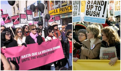 En los últimos años, la actriz tampoco ha olvidado su faceta más reivindicativa y ha encabezado algunas manifestaciones. En la imagen, en una manifestación contra el asesinato de cientos de mujeres, en Ciudad Juárez (México), en 2004, y, a la derecha, junto a la actriz Susan Sarandon en una marcha en Washington contra de la ocupación estadounidense de Irak, en enero de 2007 en Washington. A principios de este año tampoco faltó a la marcha de las mujeres que se llevó a cabo en protesta por el presidente Donald Trump. 