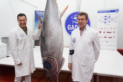 El presidente de la Junta de Andalucía y candidato a la reelección por el PP-A, Juanma Moreno, y el presidente del PP, Alberto Núñez Feijóo, este sábado en Barbate (Cádiz).