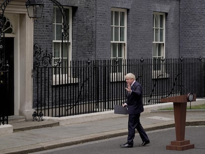 Boris Johnson, tras anunciar su renuncia como líder conservador, el pasado 7 de julio en Downing Street.