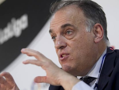 Javiert Tebas tras la Asemblea. 