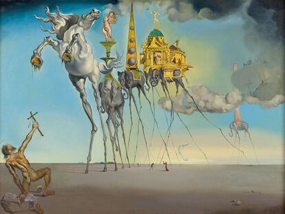 Mientras otros artistas prefirieron trasladarse a Nueva York, Dalí buscó la popularidad y los ingresos económicos en Hollywood. Del inicio de esa etapa es 'La tentación de san Antonio' (1946), óleo con un estilo más teatral, perteneciente al Musées royaux des Beaux-Arts de Bruselas.