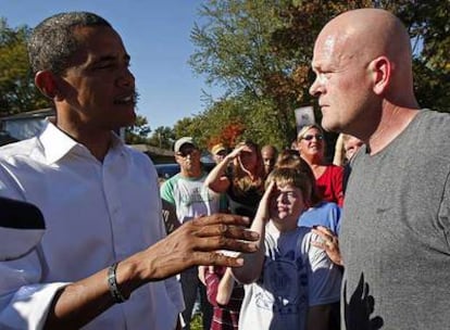 Then-president Barack Obama speaks with Samuel Wurzelbacher, known as 'Joe the Plumber.'