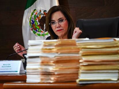 Blanca Ibarra, comisionada presidenta del INAI, durante una conferencia de prensa en el Instituto, el 2 de mayo en Ciudad de México.