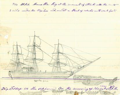 Thomas Nickerson, que salvó la vida, dibujó un esquema del Essex con la ballena aproximándose al barco antes de ser golpeado y hundido.