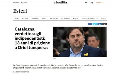 Oriol Junqueras es el protagonista del diario italiano ‘La Repubblica’, al que, equivocadamente, define como “expresidente de la Generalitat”. La cabecera romana también recoge un tuit del F.C. Barcelona en contra de la sentencia. 