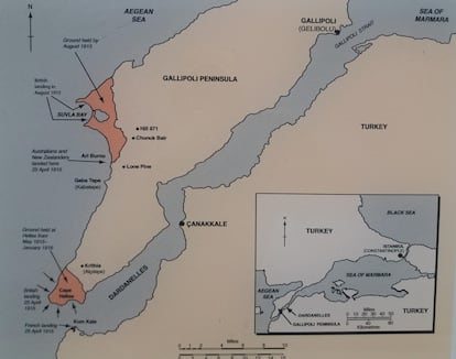 Mapa de los desembarcos en la península de Galípoli en la Primera Guerra Mundial.