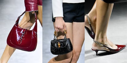 ¿A los pies? Plataformas, los emblemáticos mocasines o salones con tacón carrete con detalles como esta cadena con el nombre de Gucci. Los bolsos también tuvieron un importante papel durante el desfile y acompañaron prácticamente a todos los pases.