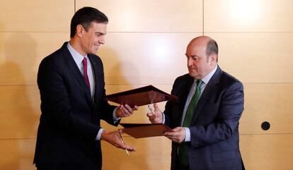 l presidente del Gobierno en funciones, Pedro Sánchez (i), y el presidente del PNV, Andoni Ortuzar (d), durante la firma del acuerdo por el que los nacionalistas vascos votarán a favor de la investidura de Sánchez, este lunes en el Congreso.