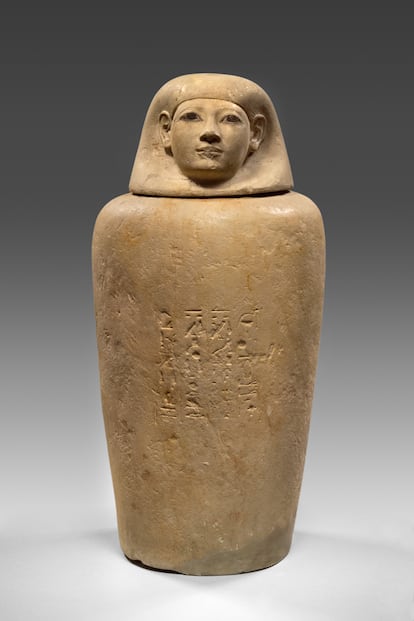 A limestone canopic jar of the Egyptian lady Senetnay (c. 1450 B.C.); August Kestner Museum, Hannover.