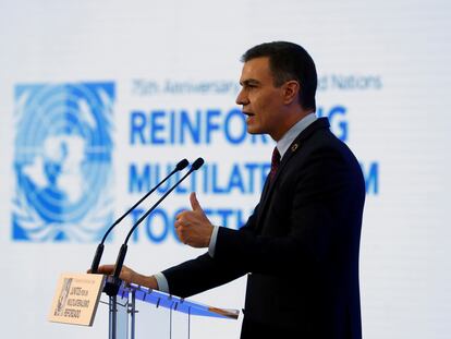 Pedro Sánchez durante su intervención ayer en Madrid para conmemorar el 75 aniversario de la fundación de la ONU.