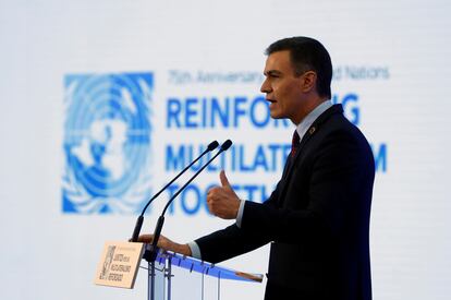 Pedro Sánchez durante su intervención ayer en Madrid para conmemorar el 75 aniversario de la fundación de la ONU.