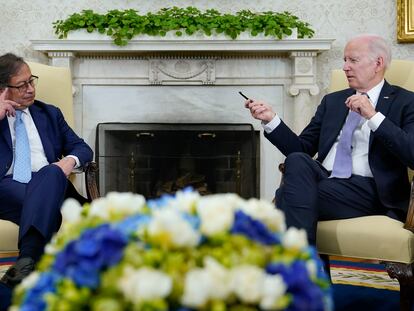 Gustavo Petro and Joe Biden talk in the Oval Office at the White House, on Thursday.