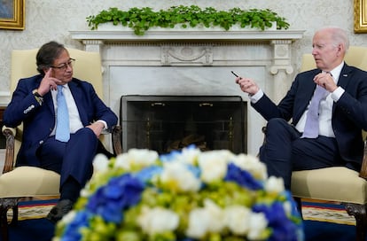 Gustavo Petro and Joe Biden talk in the Oval Office at the White House, on Thursday.