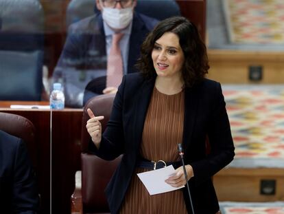 La presidenta madrileña, Isabel Díaz Ayuso, durante su intervención en el pleno de la Asamblea de Madrid este jueves.