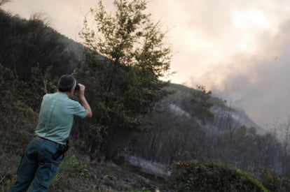 Un miembro del cuerpo de la Guardia Civil, observa el incendio en la localidad orensana de Laza.