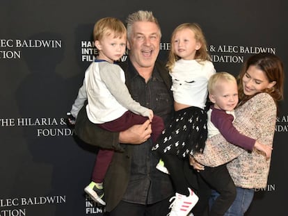 Alec Baldwin with his wife Hilaria and three of their six children at the 2021 Hamptons International Film Festival.