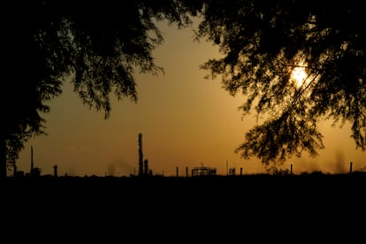 The Denka Performance Elastomer Plant sits at sunset in Reserve, La., on Sept. 23, 2022.