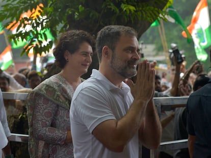 India's opposition Congress party leader Rahul Gandhi and his sister and party leader Priyanka Vadra, left, greets media personnel as they arrive at party headquarters in New Delhi, India, August 04, 2023.